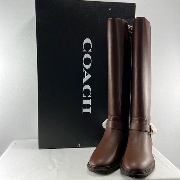 Coach Farrah Logo Buckle Tall Riding Boots Walnut Size 7 - Picture 1 of 8